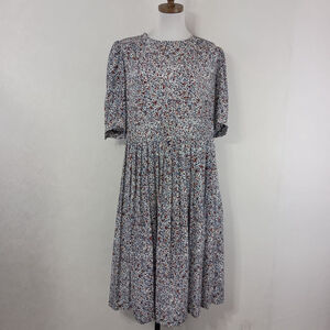 Vintage 80s Plus Size Women's Blue Abstract Floral Blouson Midi Dress Secretary